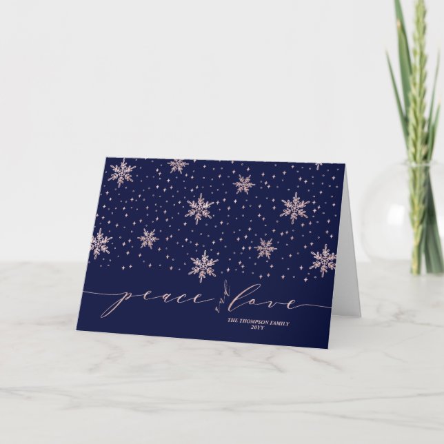 Cartes Pour Fêtes Annuelles Or rose Snowflakes Paix et amour Noël (Devant)