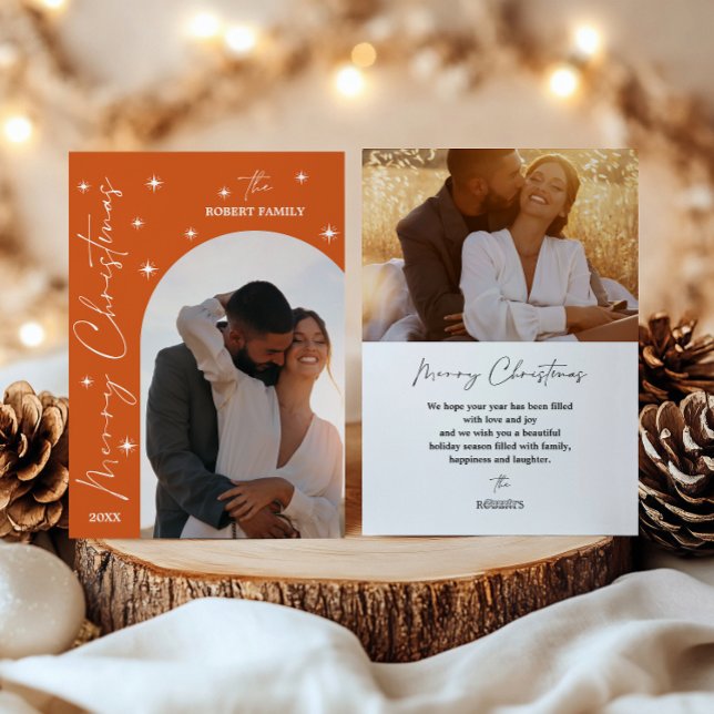 Cartes Pour Fêtes Annuelles Orange Arch Moderne Script 2 Photo Joyeux Noël  (Créateur téléchargé)