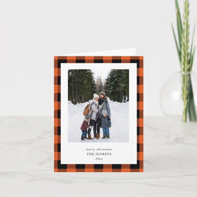 Cartes Pour Fêtes Annuelles Orange Black Buffalo Plaid  3 Photo Christmas (Devant)
