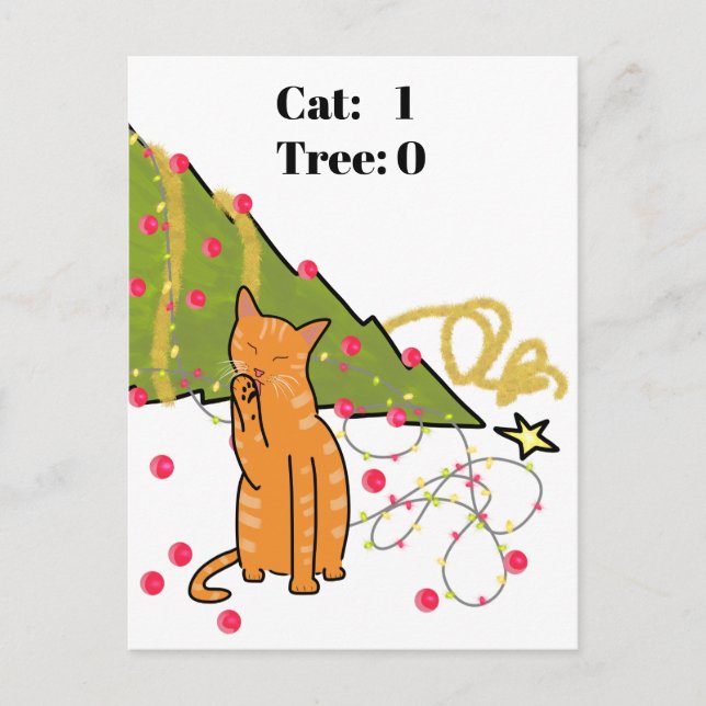 Cartes Pour Fêtes Annuelles Orange Cat détruit l'arbre de Noël Drôle (Devant)