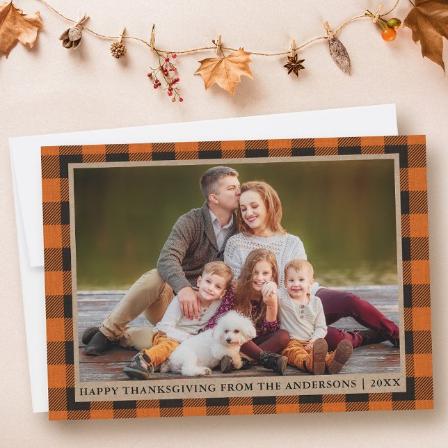 Cartes Pour Fêtes Annuelles Orange Plaid Bon thanksgiving Kraft Photo famille (Customize to change text size or text style.)