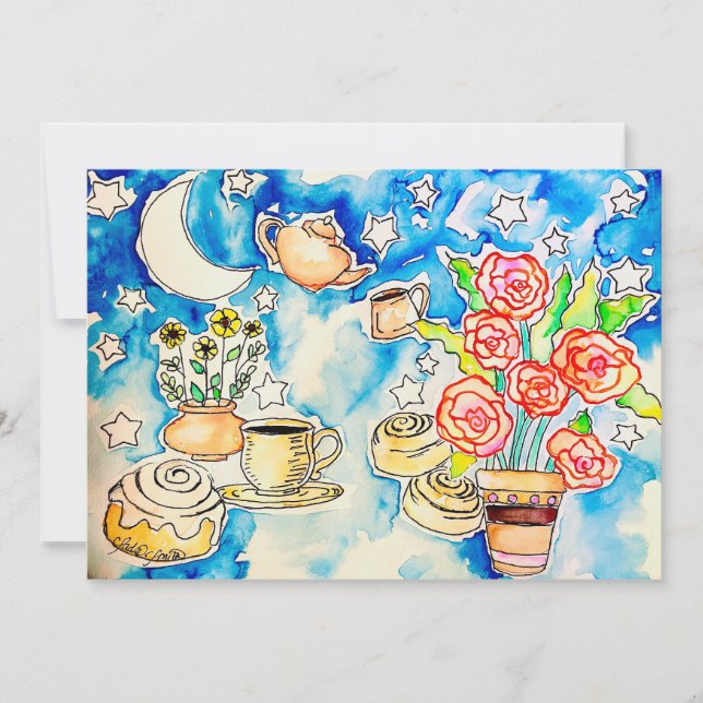 Cartes Pour Fêtes Annuelles orange roses w/ coffee pots design, starry sky (Devant)