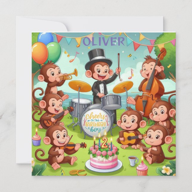 Cartes Pour Fêtes Annuelles orchestre de singe mignon 2 ans garçon d'anniversa (Devant)
