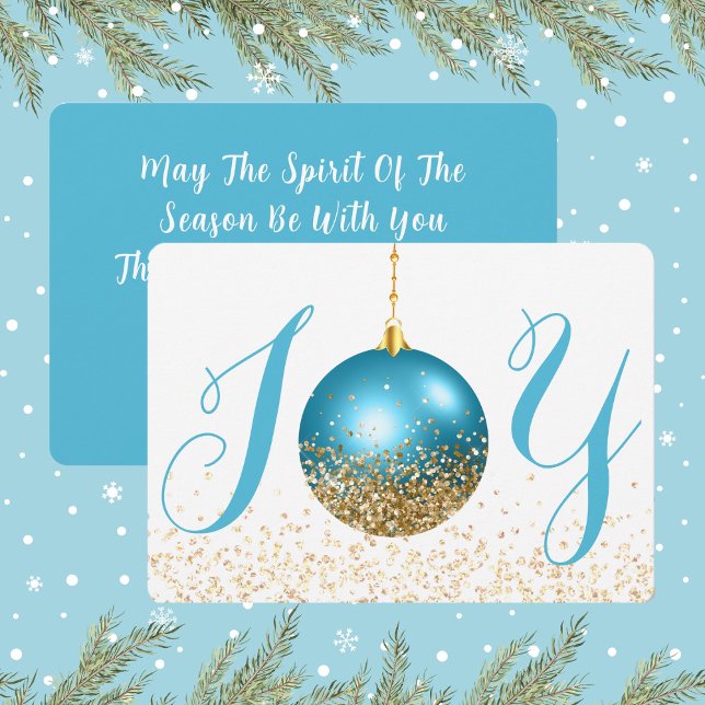 Cartes Pour Fêtes Annuelles Ornament bleu Joie Noël Salutation (Joy In Blue and Gold Look Glitter Christmas Holiday Card)