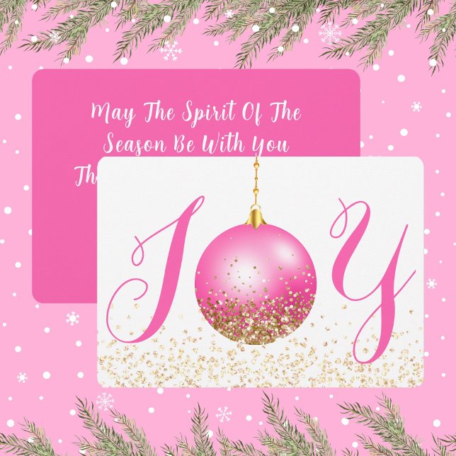 Cartes Pour Fêtes Annuelles Ornament rose Joie Noël Salutation (Joy In Hot Pink and Gold Look Glitter Christmas Holiday Card)