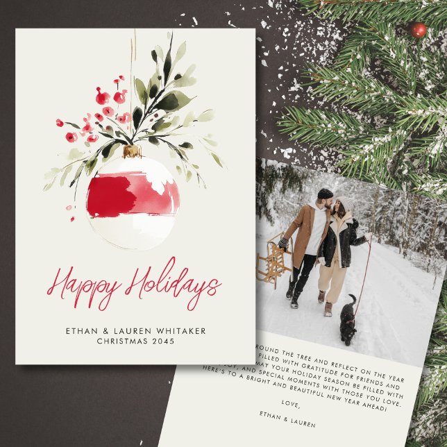 Cartes Pour Fêtes Annuelles Ornement aquarelle Joyeuses Fêtes Photo de Noël (Personalize your message for a warm holiday touch.)