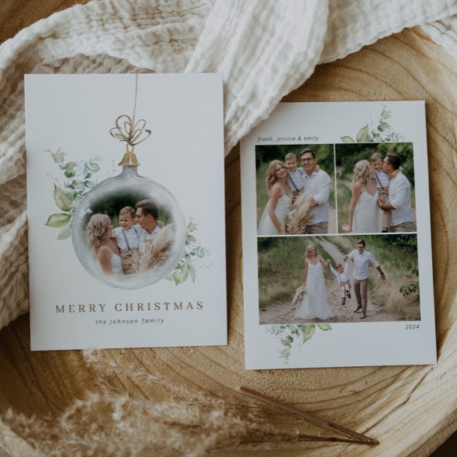 Cartes Pour Fêtes Annuelles Ornement Aquarelle Verdure Joyeux Noël 4 Photos (Créateur téléchargé)