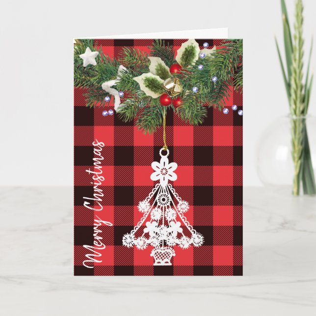 Cartes Pour Fêtes Annuelles Ornement d'arbre de Noël blanc de Buffalo Plaid (Devant)