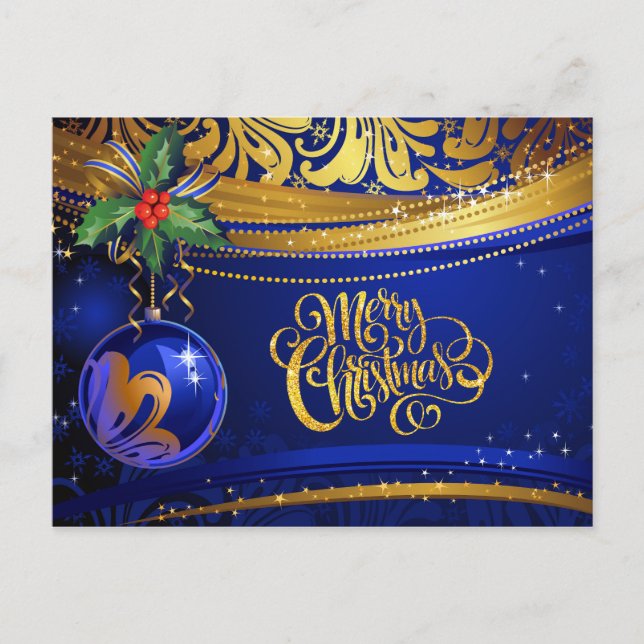 Cartes Pour Fêtes Annuelles Ornement de Noël d'or bleu Noël Holly (Devant)