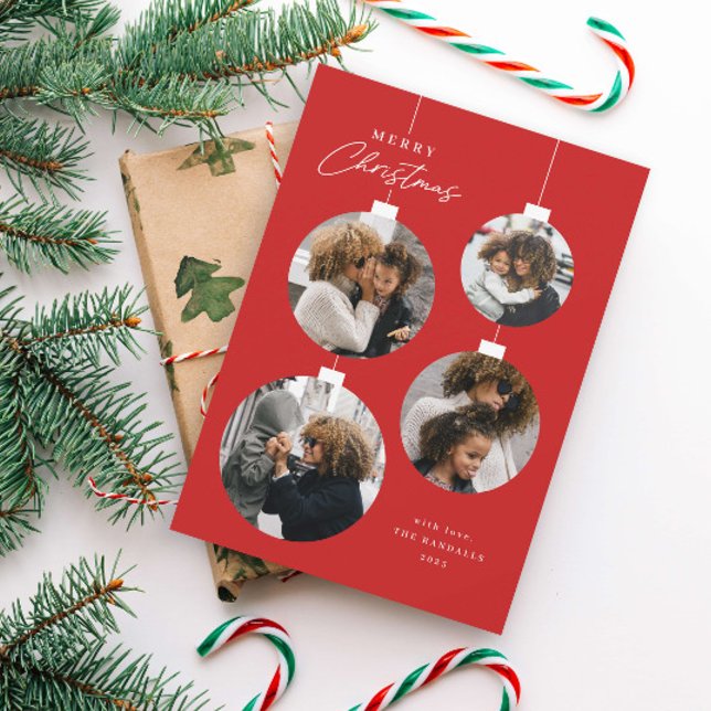 Cartes Pour Fêtes Annuelles Ornement de Noël moderne 4 Photo (Modern Red and White Christmas Ornament 4 Photo Collage Holiday Cards.)