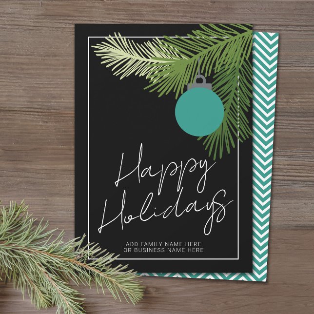 Cartes Pour Fêtes Annuelles Ornement de Noël moderne - Black Aqua non photo (Office Holiday Card - Modern Script Design with Simple Ornament and your logo)