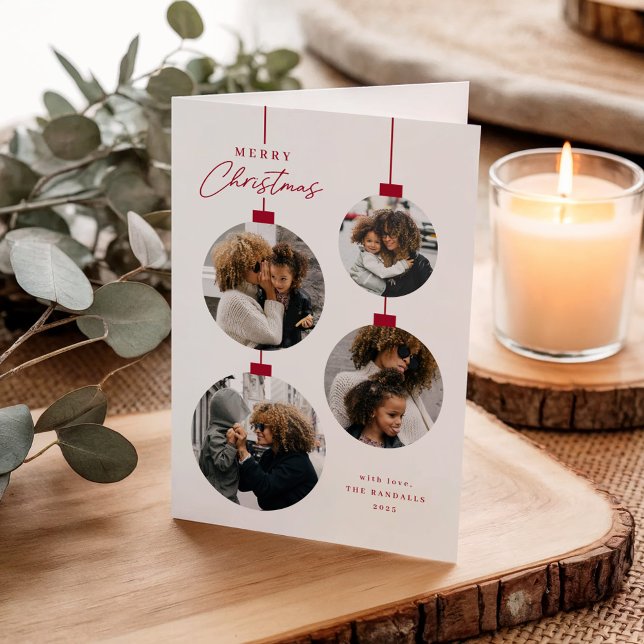 Cartes Pour Fêtes Annuelles Ornement de Noël simple moderne 4 photo plié (Modern christmas ornaments 4 photo collage folded holiday cards.)