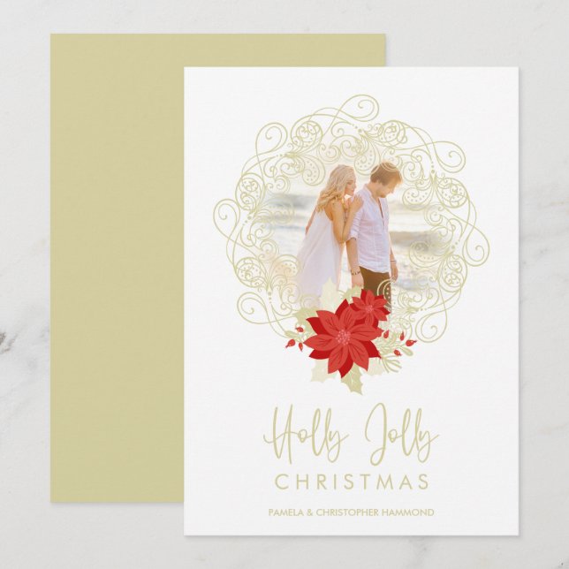 Cartes Pour Fêtes Annuelles Ornement doré florissant Photo Fleurs de Noël (Devant / Derrière)