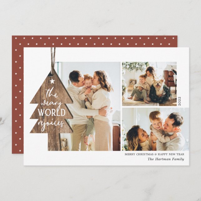 Cartes Pour Fêtes Annuelles Ornement en bois rustique 3 Collage photo Noël (Devant / Derrière)