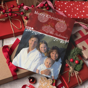 Cartes Pour Fêtes Annuelles Ornements blancs et rouges profonds Photo de Noël 