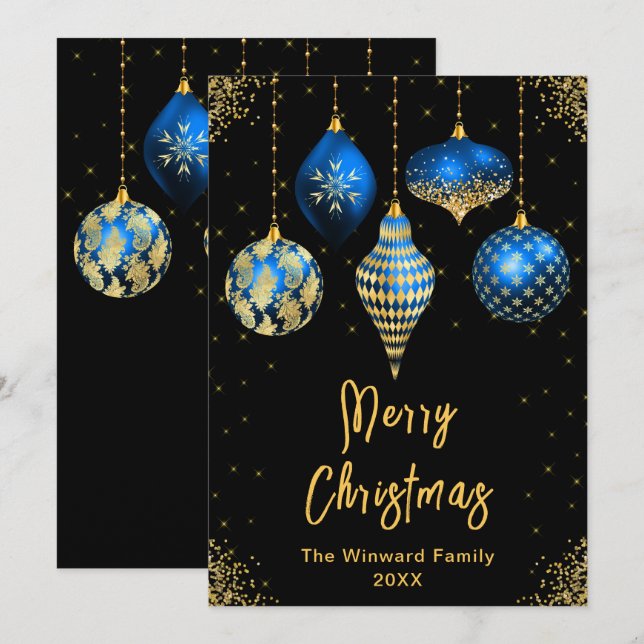 Cartes Pour Fêtes Annuelles Ornements Bleus et Dorés Joyeux Noël (Devant / Derrière)