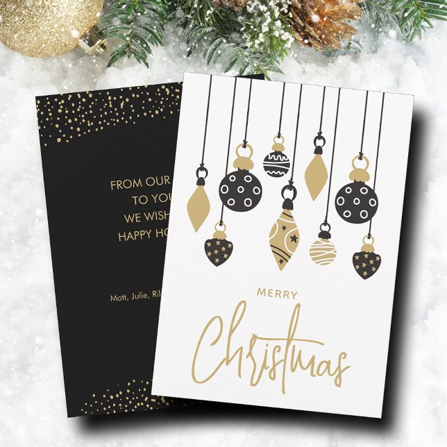 Cartes Pour Fêtes Annuelles Ornements Chic d'arbre de Noël (Black and gold Christmas tree ornaments on holiday greeting cards, PRINTED and/or INSTANT DOWNLOAD)