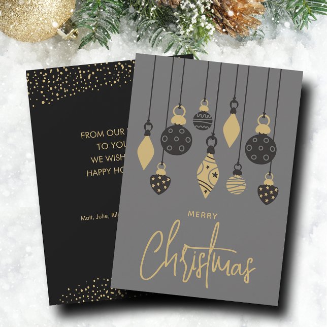 Cartes Pour Fêtes Annuelles Ornements Chic d'arbre de Noël (Black and gold Christmas tree ornaments on holiday greeting cards, PRINTED and/or INSTANT DOWNLOAD)