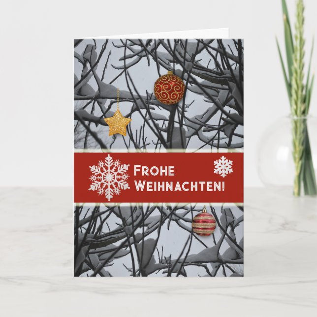 Cartes Pour Fêtes Annuelles Ornements de Noël allemands sur Branches de neige (Devant)