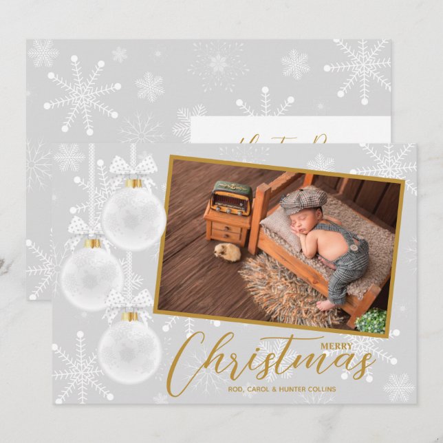 Cartes Pour Fêtes Annuelles Ornements de Noël de Flocon de neige blanc Photo (Devant / Derrière)