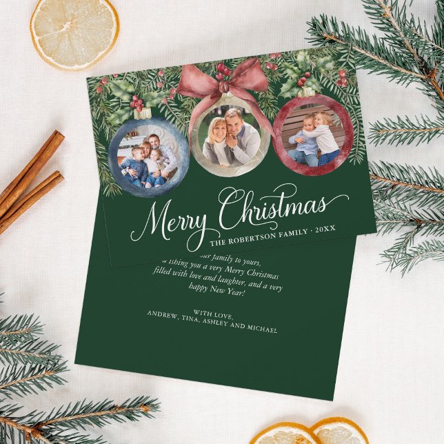 Cartes Pour Fêtes Annuelles Ornements de Noël Famille élégante 3 Photos Vert (Créateur téléchargé)