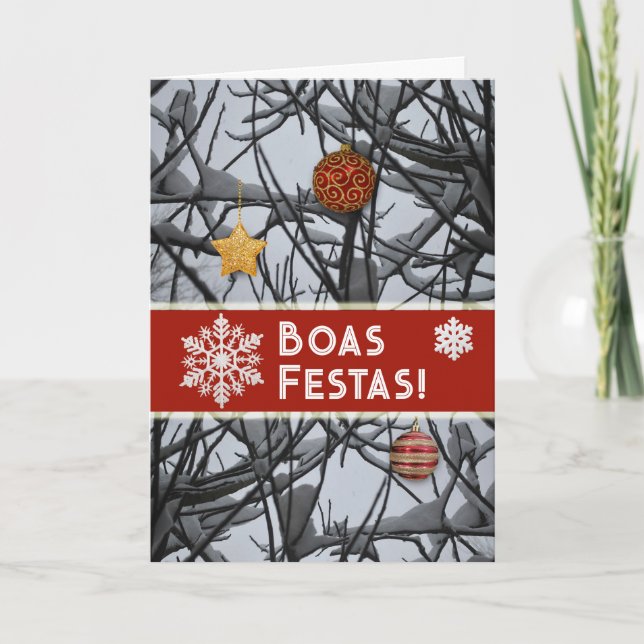 Cartes Pour Fêtes Annuelles Ornements de Noël portugais sur Branches de neige (Devant)