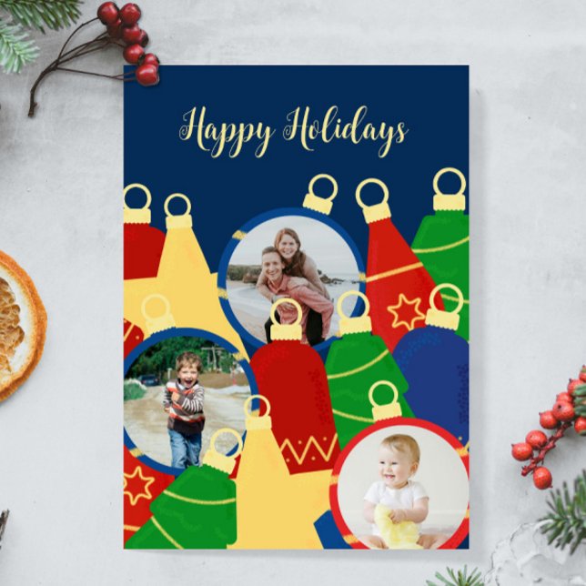 Cartes Pour Fêtes Annuelles Ornements de Noël rétro Photo (Retro Christmas ornaments custom card with your photos. Personalize it with your text and images.)