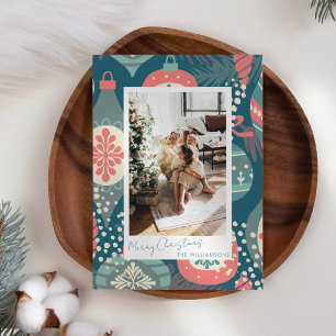 Cartes Pour Fêtes Annuelles Ornements de Noël sarcelle vintage avec photo pers