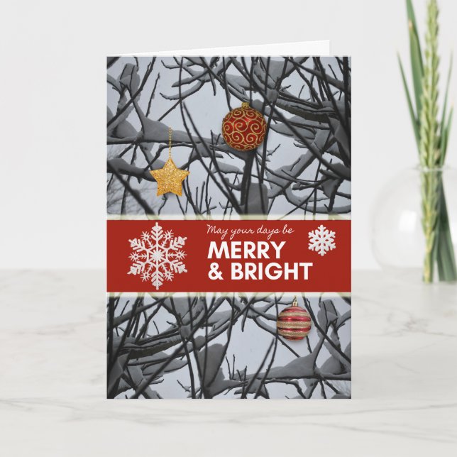 Cartes Pour Fêtes Annuelles Ornements de Noël sur Branches de neige (Devant)