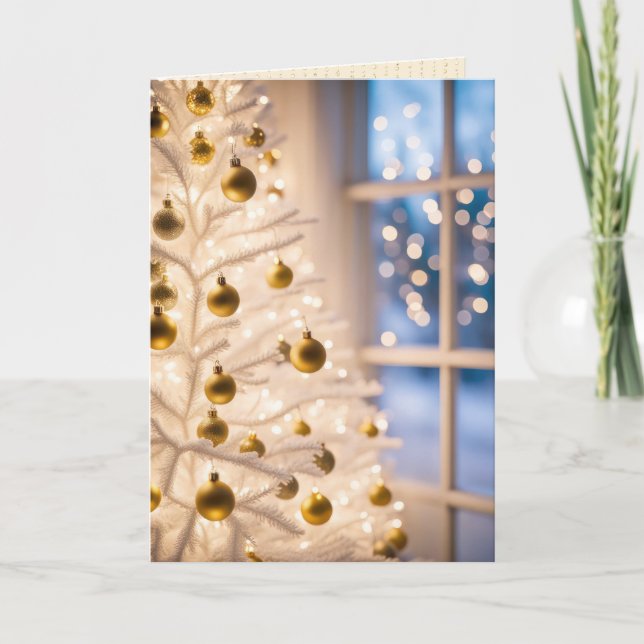 Cartes Pour Fêtes Annuelles Ornements D'Or Sur Un Arbre De Noël Blanc (Devant)