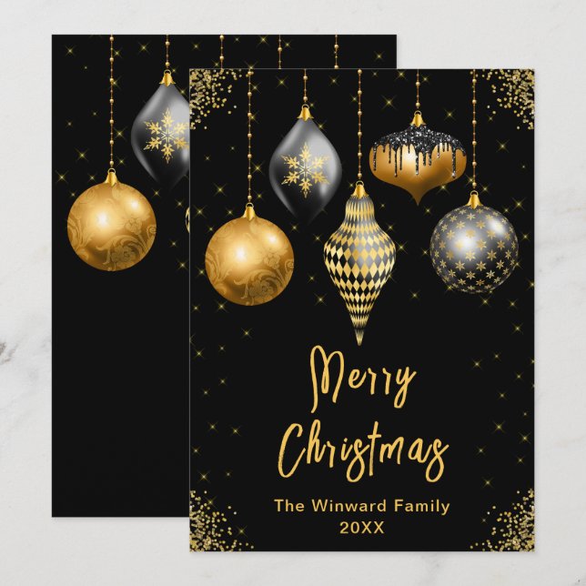 Cartes Pour Fêtes Annuelles Ornements noir et or Joyeux Noël (Devant / Derrière)