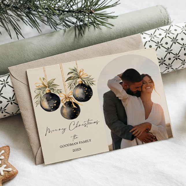 Cartes Pour Fêtes Annuelles Ornements noirs or élégant en forme d'arche pour p (CHRISTMAS BOUBLES ELEGANT ORNAMENTS PHOTO ARCH SHAPE POSTCARD. NEWLY WED FAMILY PHOTO)