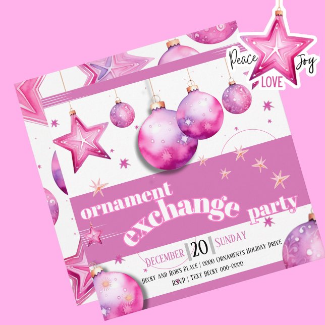 Cartes Pour Fêtes Annuelles Ornements roses avec Baubles et Stars Party (Holiday pink ornament exchange party invitations.  Bold and bright for your Christmas party. )