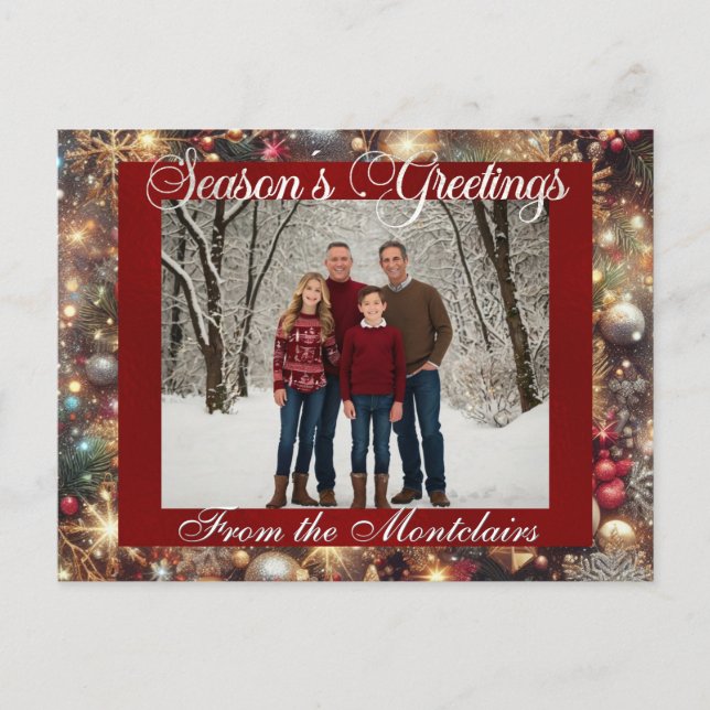 Cartes Pour Fêtes Annuelles Ornements, Script Argent & Photo encadrée - Rouge (Devant)