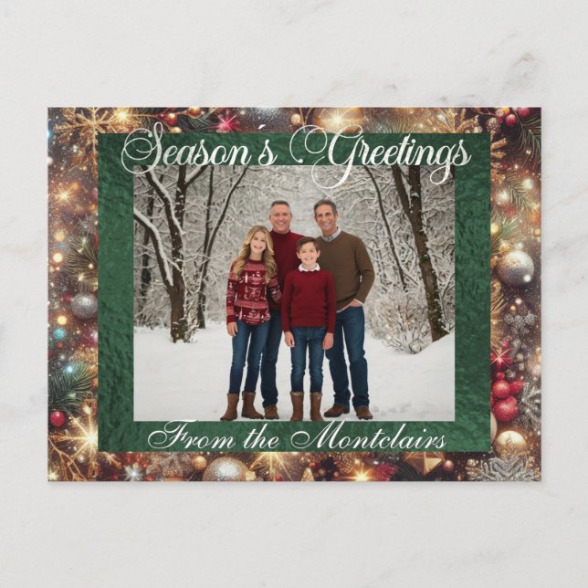 Cartes Pour Fêtes Annuelles Ornements, Script Argent & Photo encadrée - Vert (Devant)