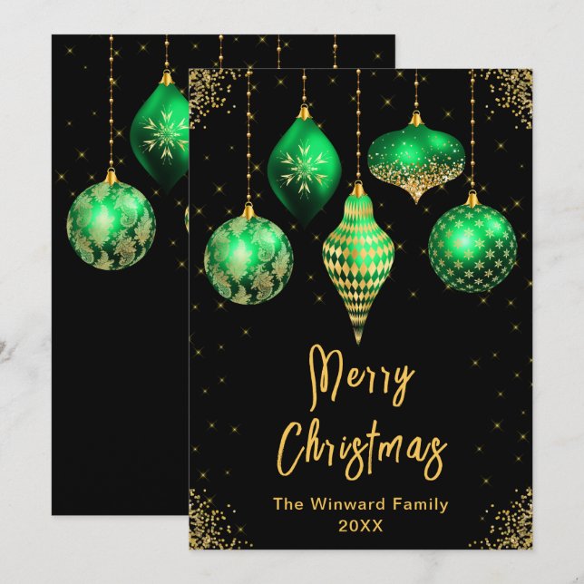 Cartes Pour Fêtes Annuelles Ornements Verts et Dorés Joyeux Noël (Devant / Derrière)