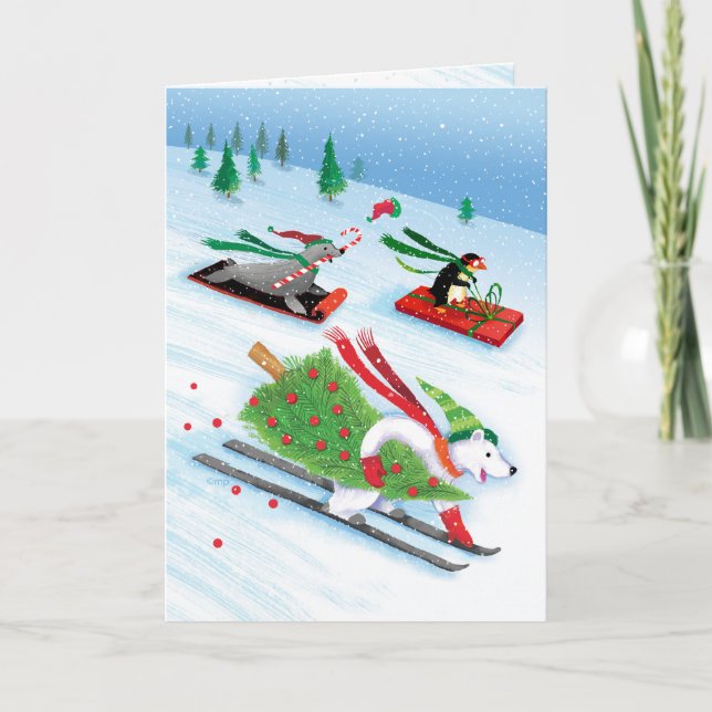 Cartes Pour Fêtes Annuelles Otarie Sledding de ski de pingouin d'ours blanc de (Devant)