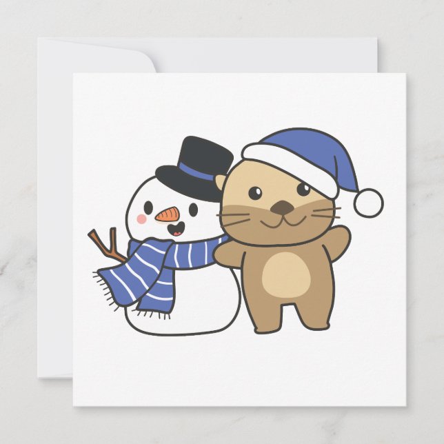 Cartes Pour Fêtes Annuelles Otter Avec Snowman En Hiver Pour Noël (Devant)