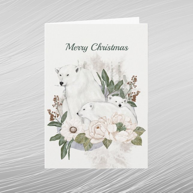 Cartes Pour Fêtes Annuelles Ours blanc de Noël Aquarelle florale (Créateur téléchargé)