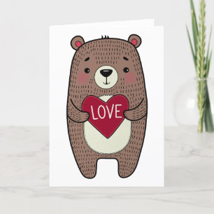 Cartes Pour Fêtes Annuelles Ours Brun Mignon Tenant un Cœur d'Amour pour la Sa