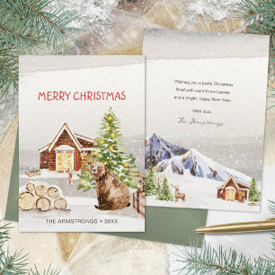 Cartes Pour Fêtes Annuelles Ours de cabane d'hiver à l'aquarelle rustique Noël