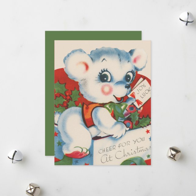 Cartes Pour Fêtes Annuelles ours de Noël rétro (Devant/Arrière en situation)