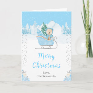 Cartes Pour Fêtes Annuelles Ours d'hiver bleu traîneau joyeux Noël