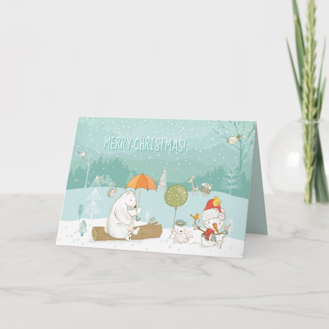Cartes Pour Fêtes Annuelles Ours du paysage de neige et pastel de Snowman (Devant)