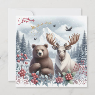 Cartes Pour Fêtes Annuelles Ours, élan et belle nature à Noël