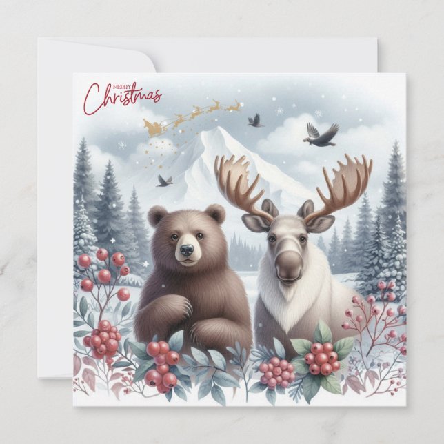 Cartes Pour Fêtes Annuelles Ours, élan et belle nature à Noël (Devant)