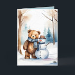 Cartes Pour Fêtes Annuelles Ours En Jouet De Noël Et Snowman<br><div class="desc">Joli ours en peluche marron à l'eau dans les bois d'hiver avec bonhomme de neige. Le texte est modifiable.</div>