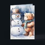 Cartes Pour Fêtes Annuelles Ours En Jouet De Noël Et Snowman<br><div class="desc">Ours en peluche marron à l'aquarelle mignon en flocons de neige avec bonhomme de neige. Le texte est modifiable.</div>
