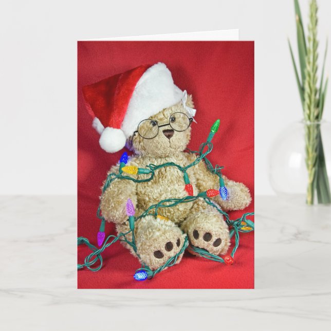 Cartes Pour Fêtes Annuelles Ours en peluche aux lumières de Noël (Devant)
