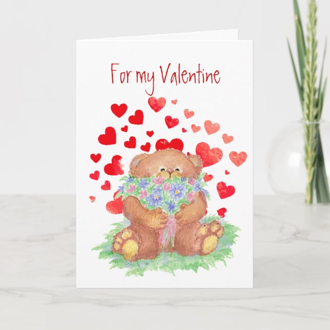 Cartes Pour Fêtes Annuelles Ours en peluche de la Saint-Valentin Fleurs Je t'a (Devant)